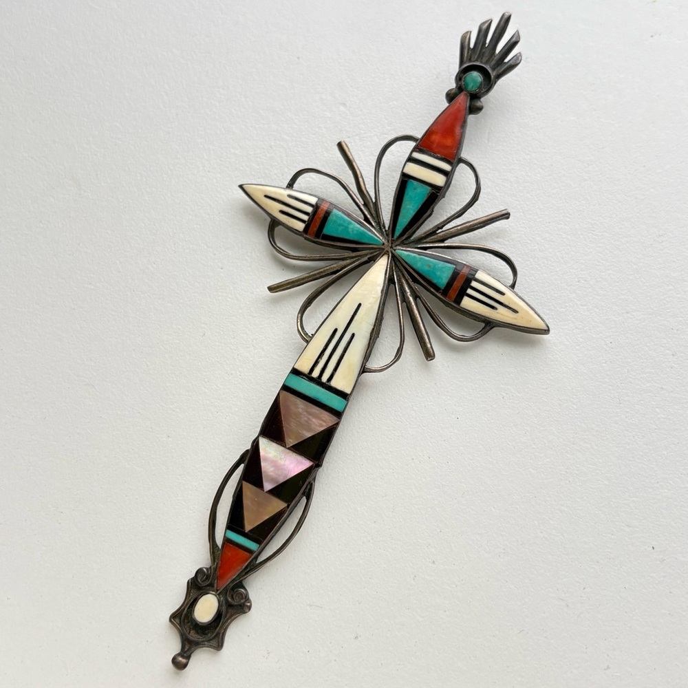 Sterling Zuni Adeline Bownannie Turquoise MOP Onyx  Coral inlay mosaic cross - Picture 5 of 16